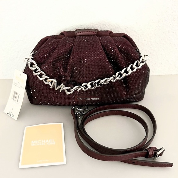 NWT MICHAEL MICHAEL KORS Nola Small Crystal Embellished Chain Crossbody Oxblood - Picture 11 of 16
